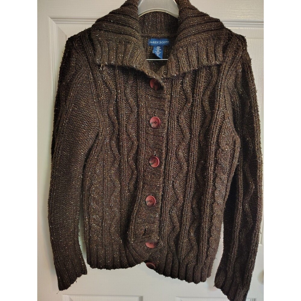 Karen Scott Brown Cable-Knit Button Front Cardigan Sweater Collared M